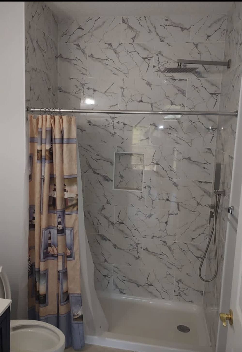 Marble-look tile shower